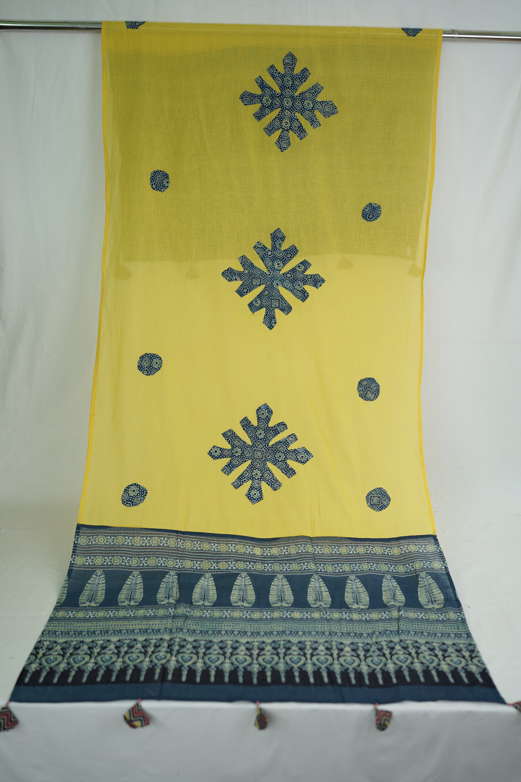 Sunlit Green Mandala Applique Yellow Dupatta