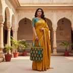 Woman in a yellow saree with green blouse holding a matching bag in an architectural setting.