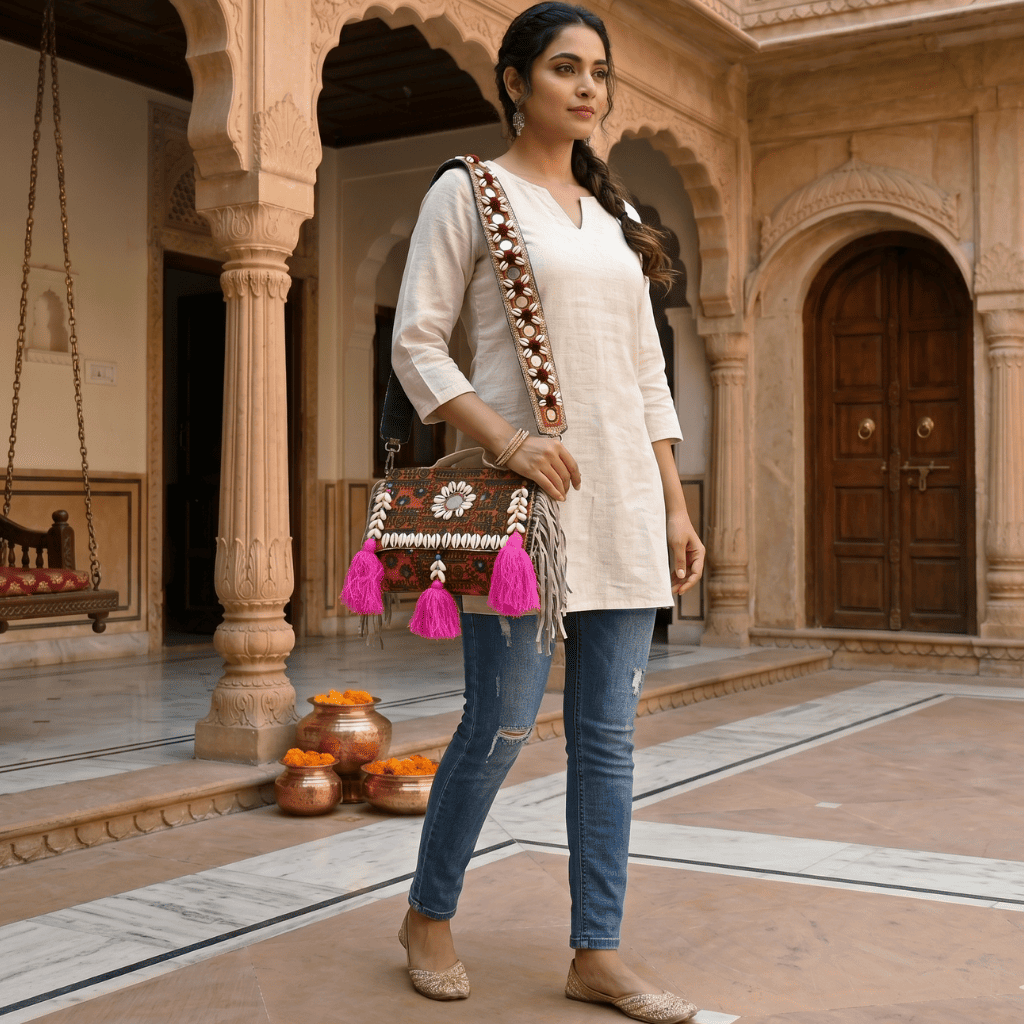 woman in a white kurti and jeans carrying a red banjara bag