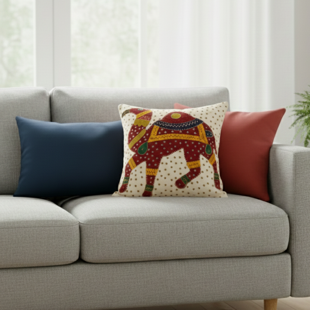 Decorative pillow with an camel design on a gray sofa with other colorful pillows.