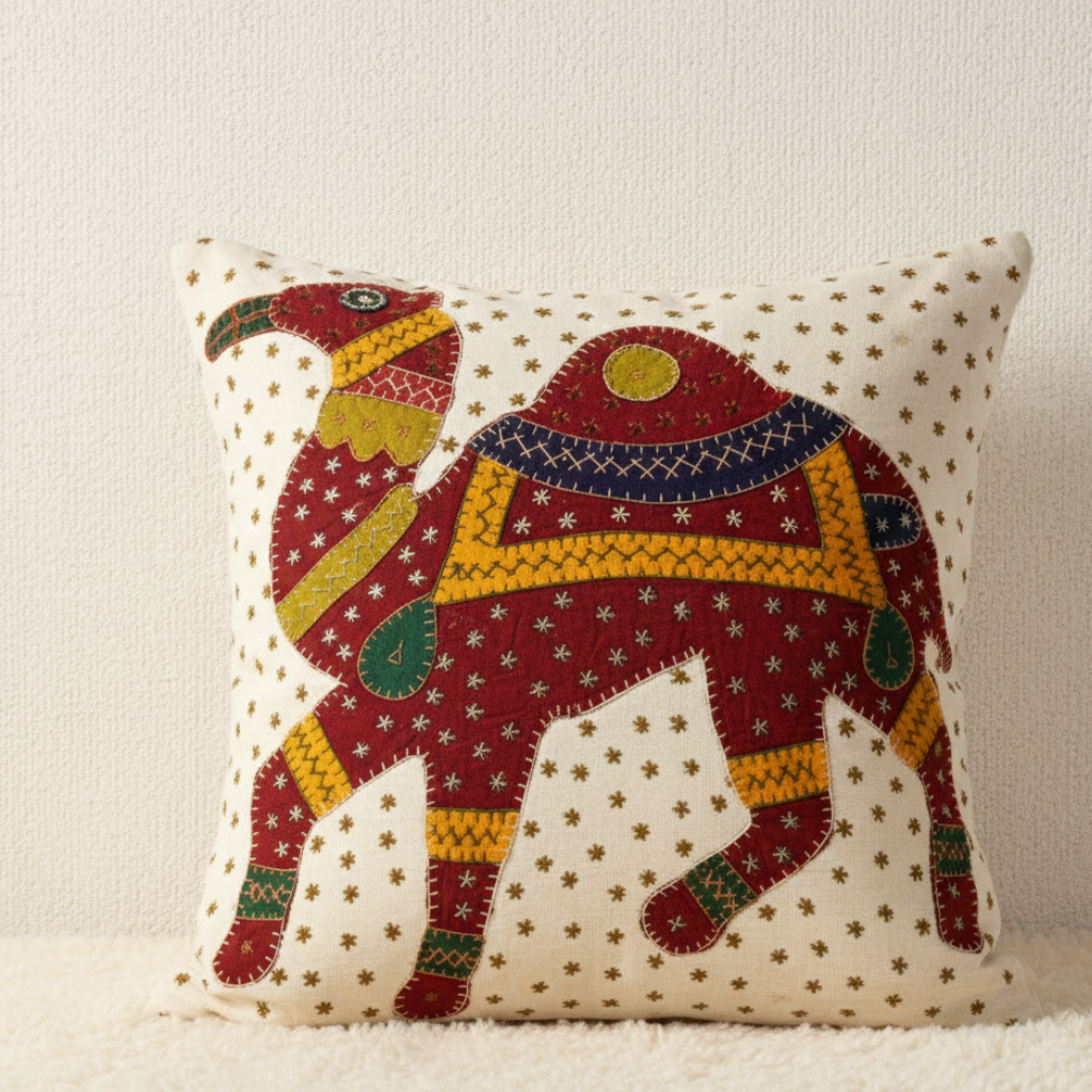Decorative pillow with a colorful camel design on a beige background