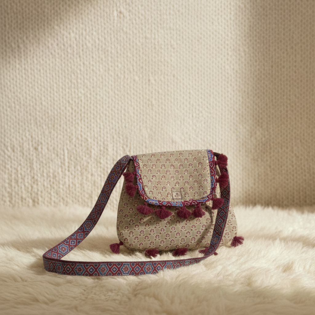 beige printed sling bag