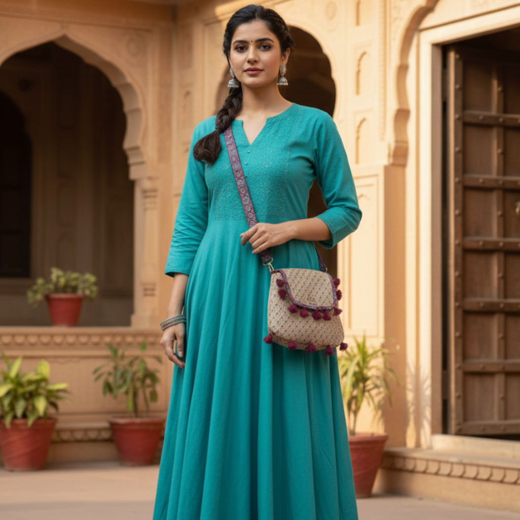 woman holding a beige printed sling 