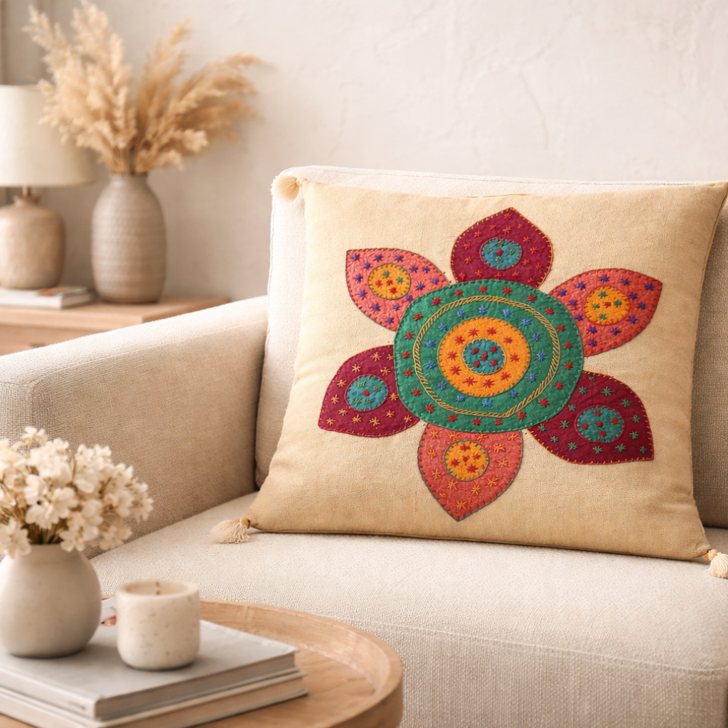 Decorative floral applique cushion cover with a colorful floral pattern on a beige couch in a living room setting.