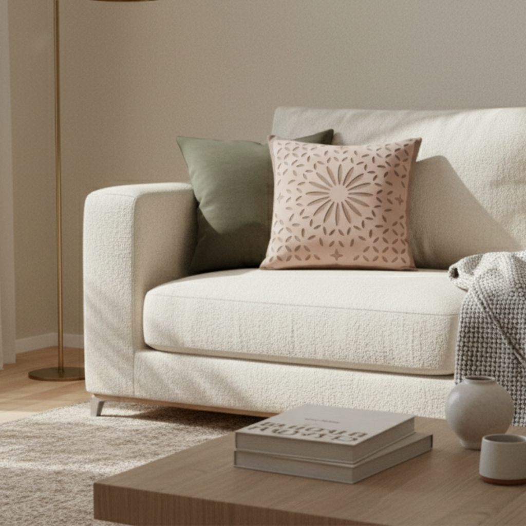 Beige sofa with decorative pillows in a living room setting