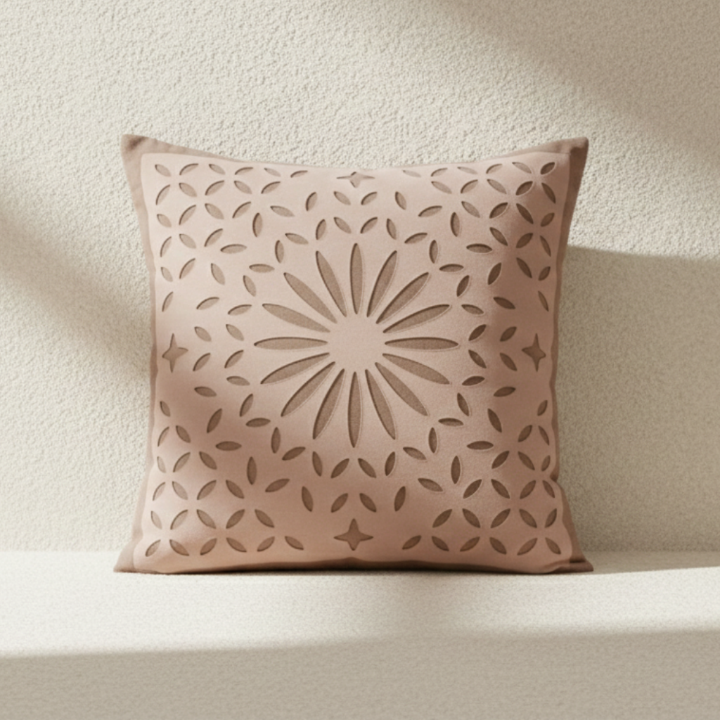 Decorativebeige cushion cover with a floral pattern on a neutral background