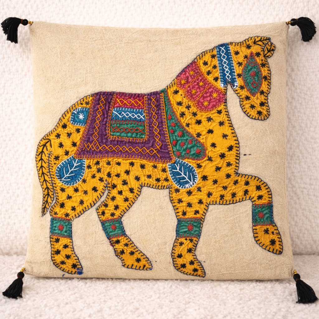 Decorative cushion cover with a colorful animal design on a beige background