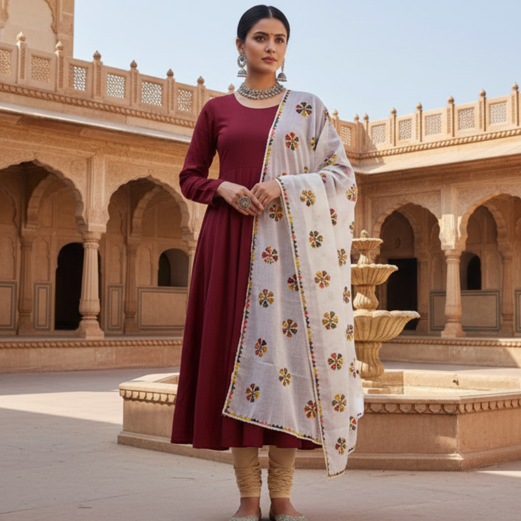 Woman in traditional maroon dress with white floral dupatta standing in a historic courtyard.