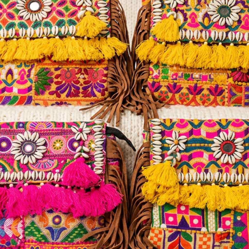 Colorful embroidered bags pieces with tassels on a woven background