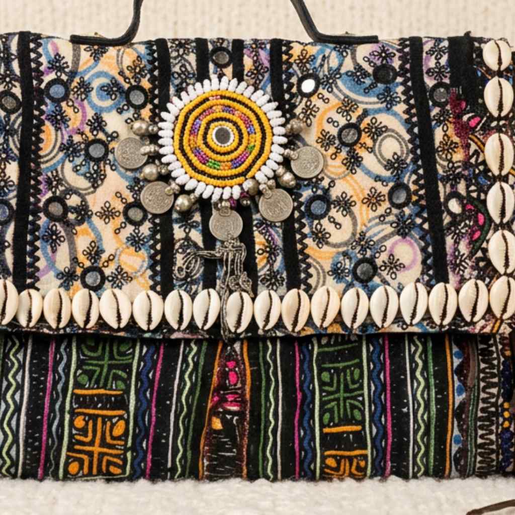 Decorative embroidered bag with intricate patterns, beads, and shell embellishments on a textured surface.