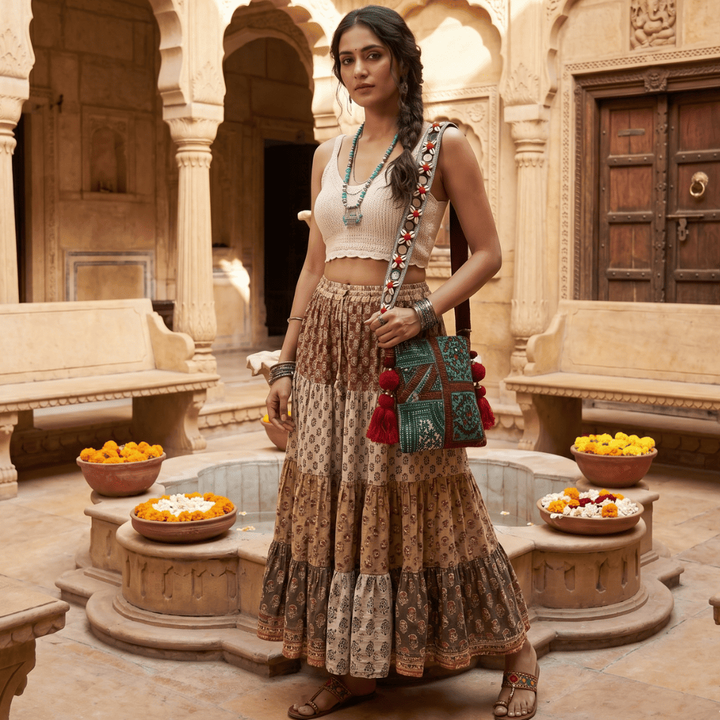 a woman in a boho outfit carrying a green banjara handbag