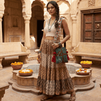 a woman in a boho outfit carrying a green banjara handbag