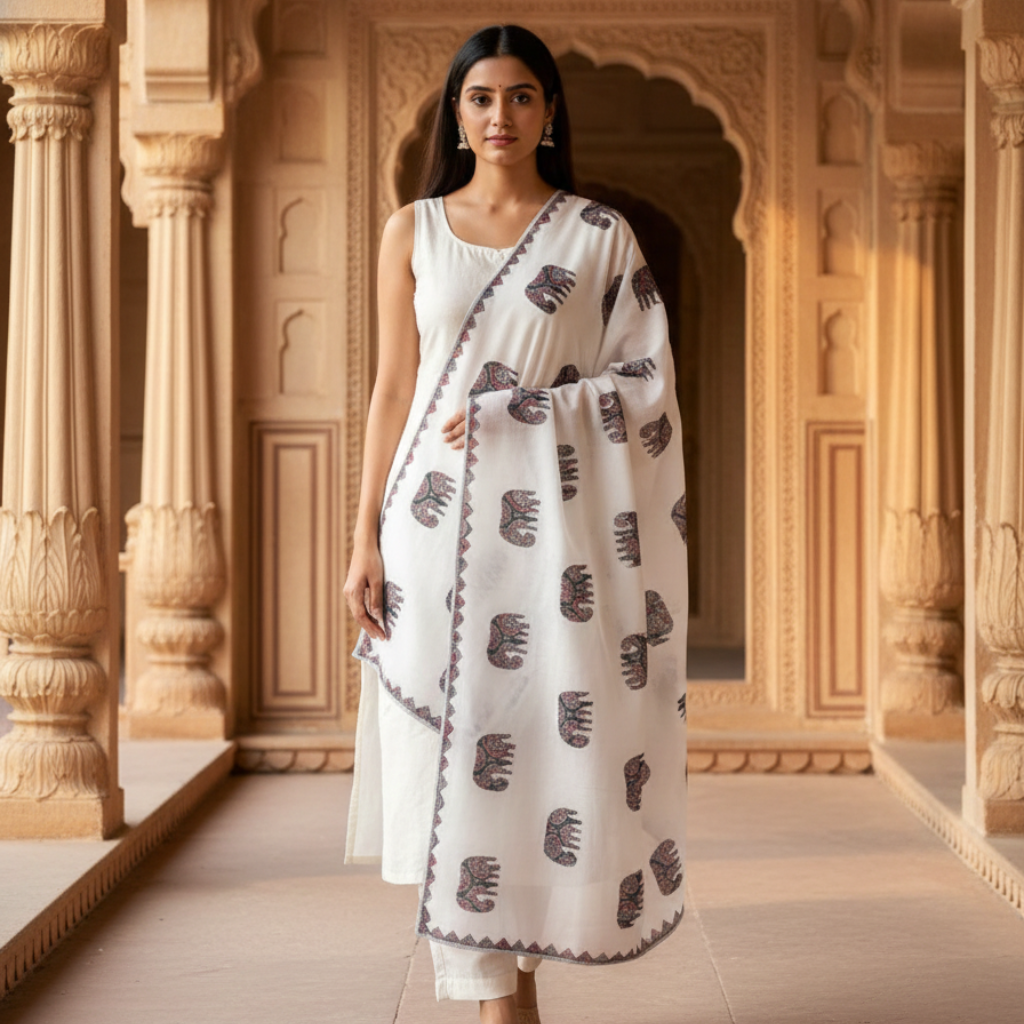 Woman in a white traditional outfit wearing a white applique dupatta with elephant patterns standing in an architectural setting.