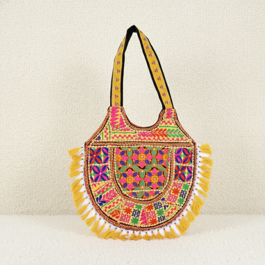 Ethnic Embroidered Yellow Shoulder Bag with Tassel Detail