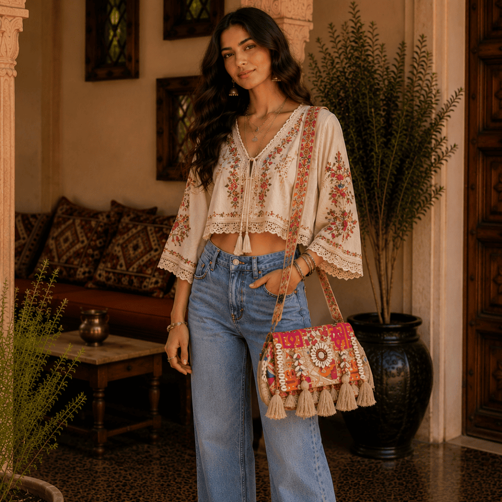 a girl in a ethnic top and jeans carrying an embroiderd banjara bag