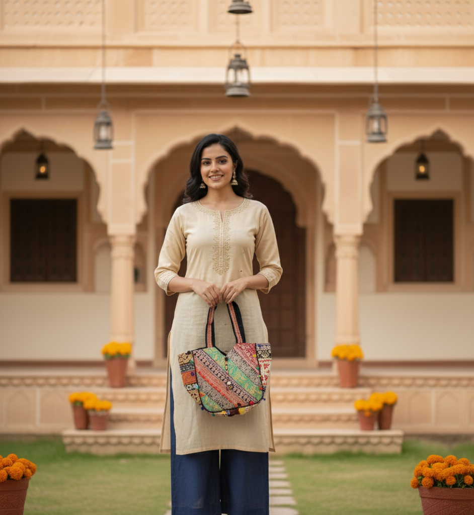 Woman holding a colorful bag with decorative elements.