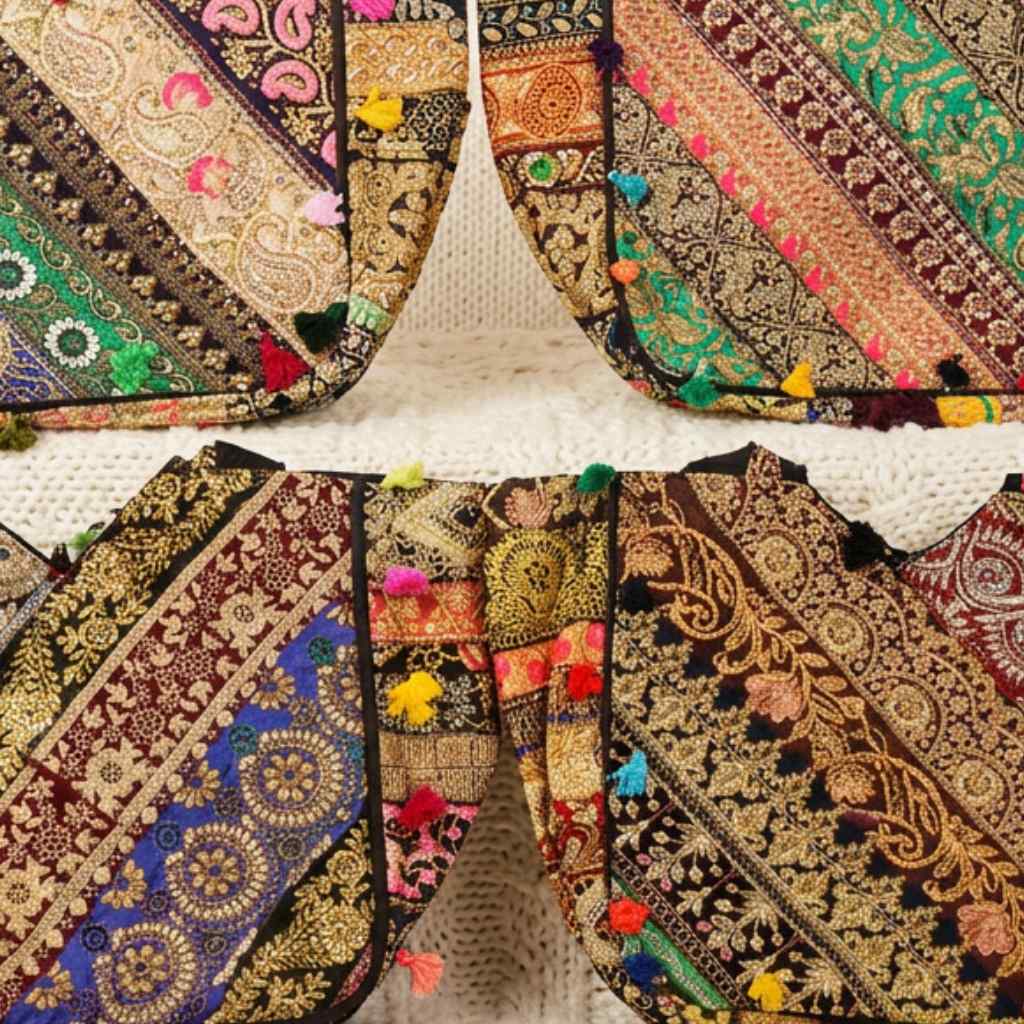 Colorful embroidered zari bag with intricate patterns and tassels on a textured background