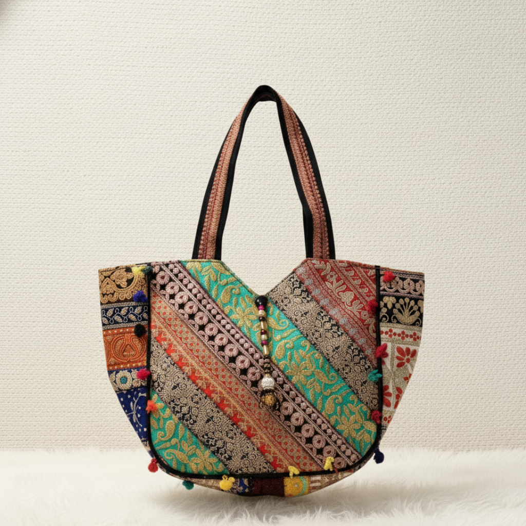 Ethnic Multicolor Embroidered Zari Tote Bag for Women