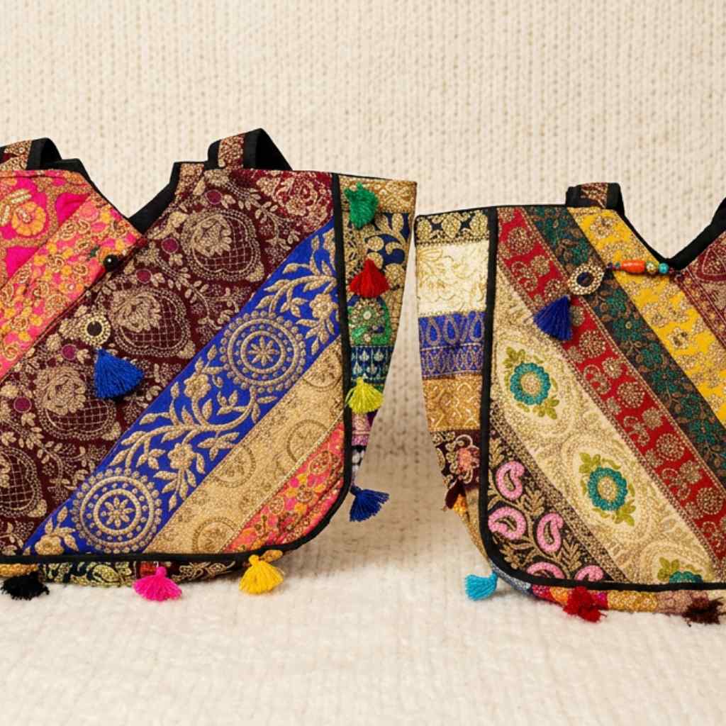 Two colorful embroidered zari bags with tassels on a textured beige background