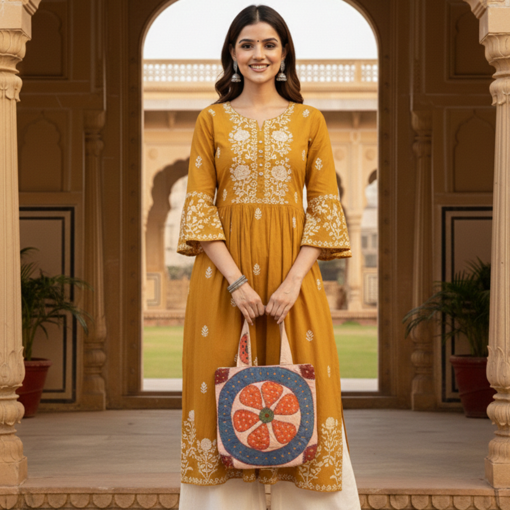 Woman in a mustard yellow traditional outfit holding a colorful applique bag in an architectural setting.