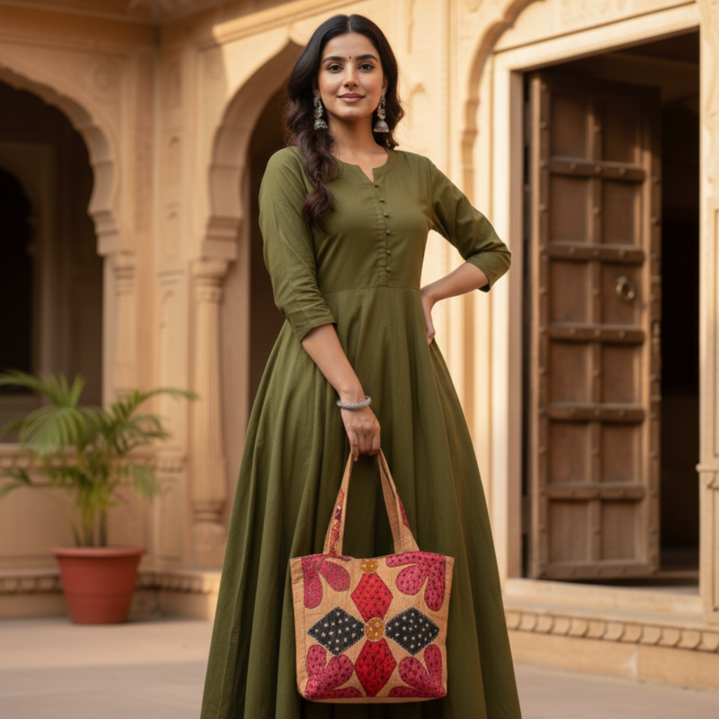 Woman in a green dress holding a colorful bag in front of an architectural background