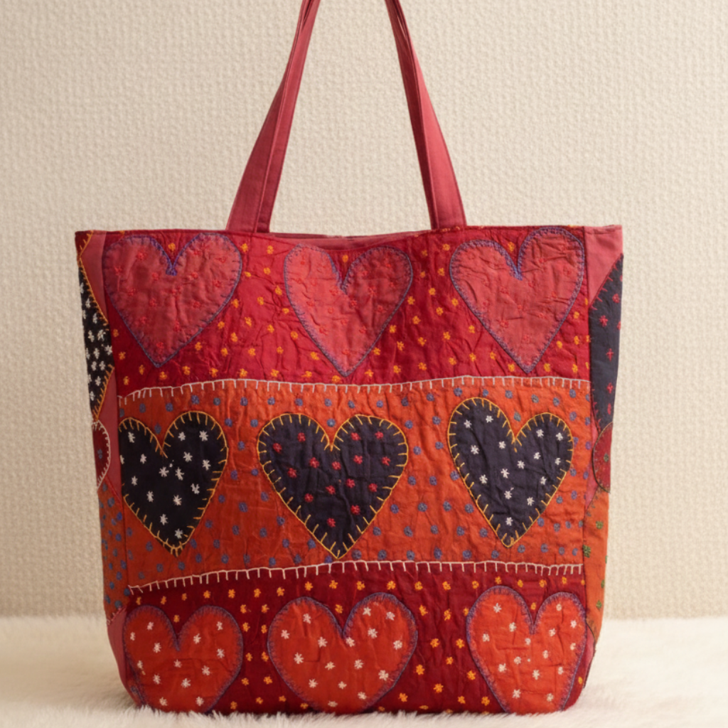 Red applique tote bag with heart patterns on a beige background