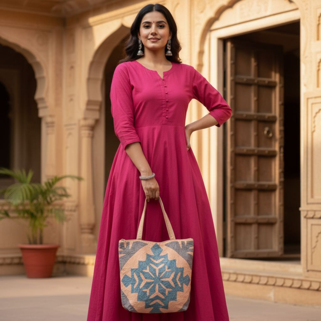 Woman in a pink dress holding a patterned applique bag in front of an architectural background