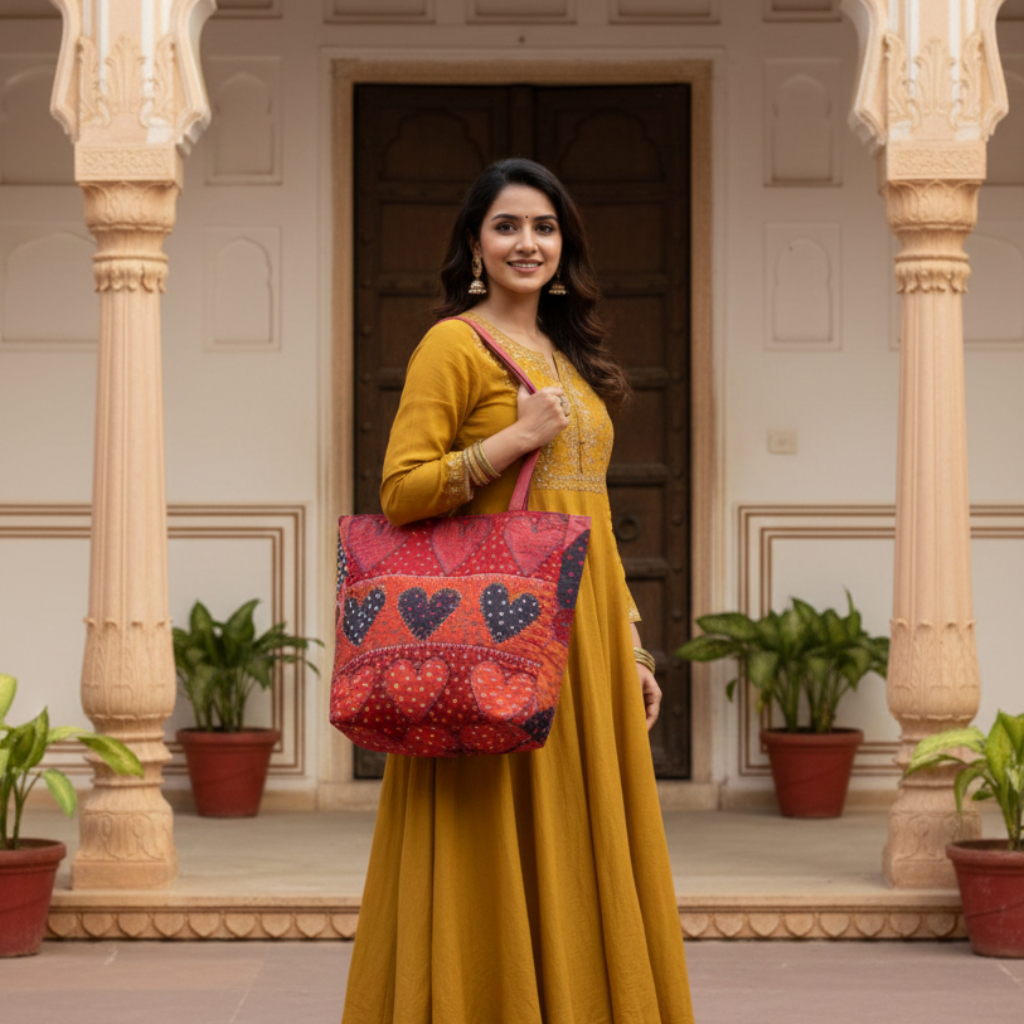 Woman in a yellow dress holding a red applique bag with heart patterns in front of an architectural background.
