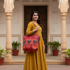 Woman in a yellow dress holding a red applique bag with heart patterns in front of an architectural background.