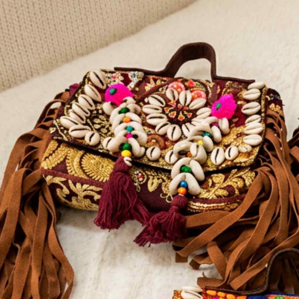Decorative boho handbag with shell embellishments and tassels on a light background