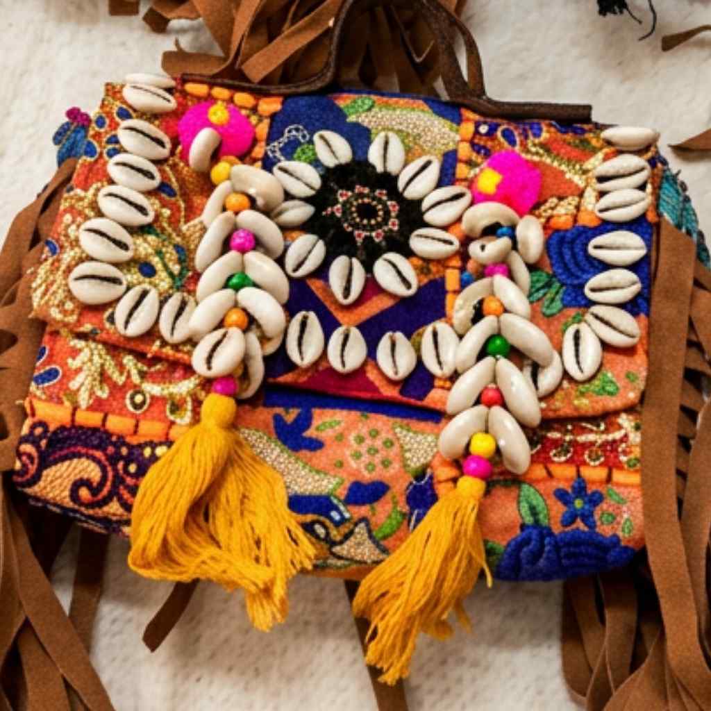 Colorful boho handbag with shell embellishments and tassels on a textured surface