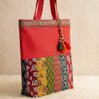 red patchwork tote bag