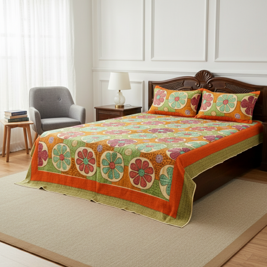 Decorative bedsheet with colorful patchwork design on a beige background