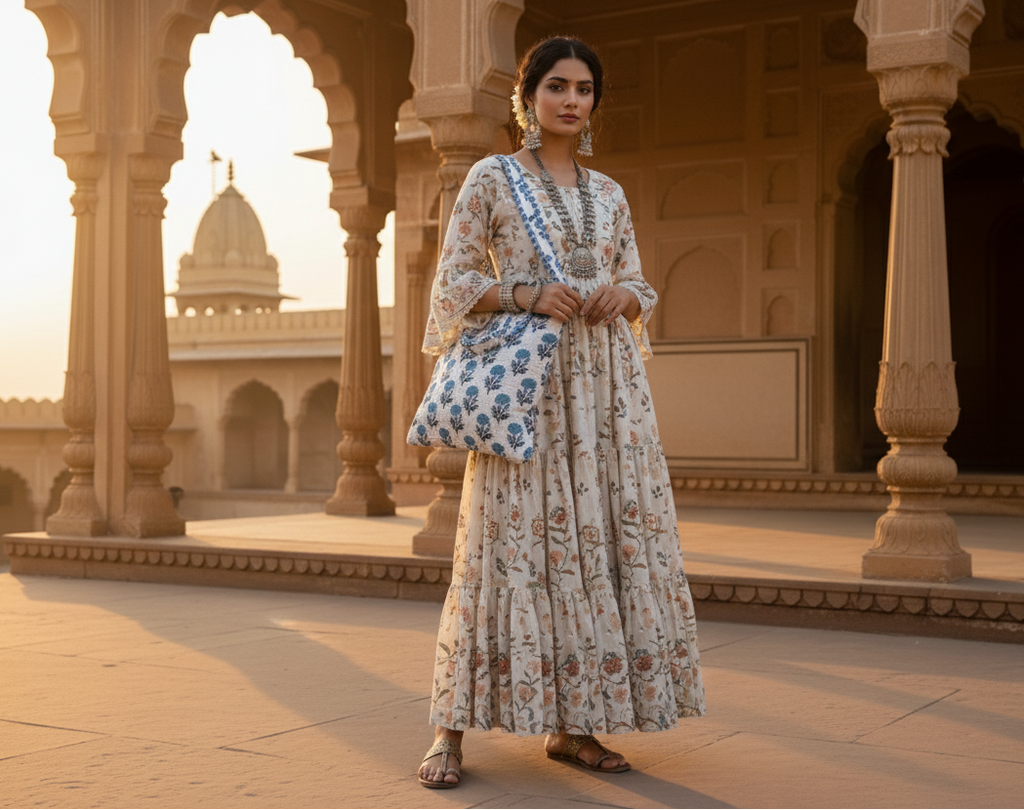 Woman in a floral dress holding a blue patterned white bag in an architectural setting