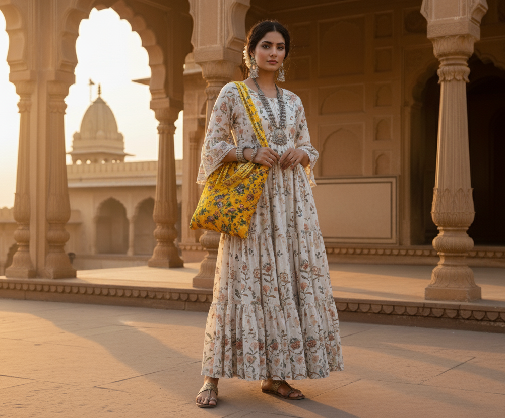 Woman in a floral dress holding a yellow bag in an architectural setting