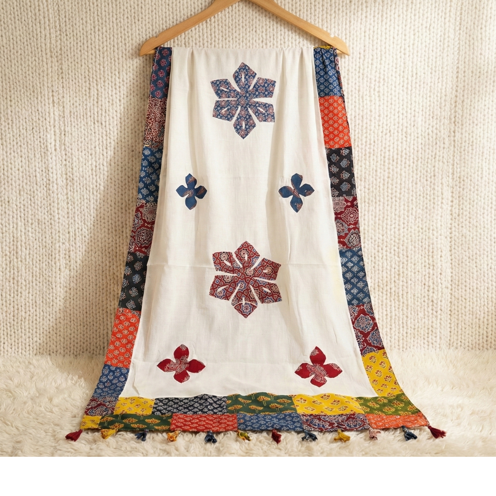 floral applique dupatta with colorful floral patterns on a wooden hanger against a beige wall.
