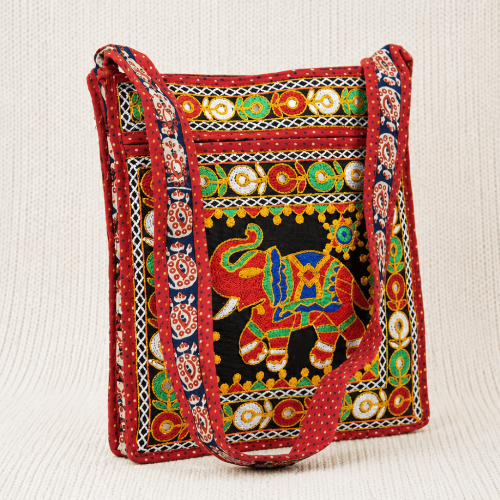 Folk Art Elephant Embroidered Sling Bag