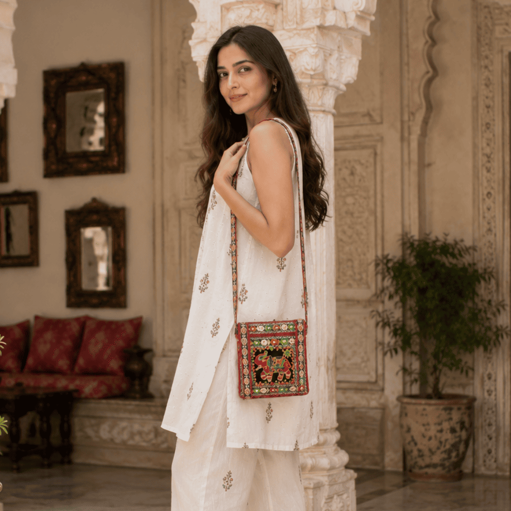 a woman in a white kurta set carrying an elephant design red embroidered sling bag