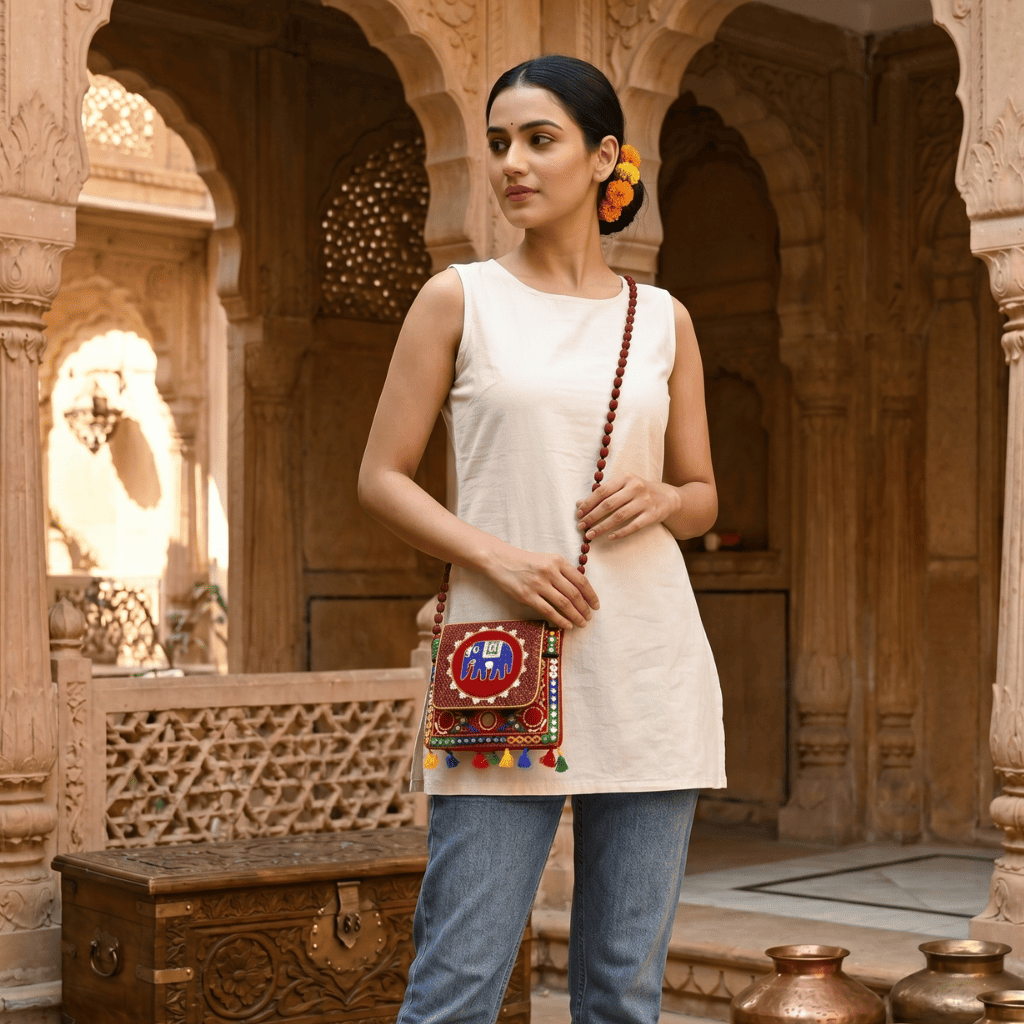 a woman in a kurti and jeans carrying an elephant design colorful sling bag