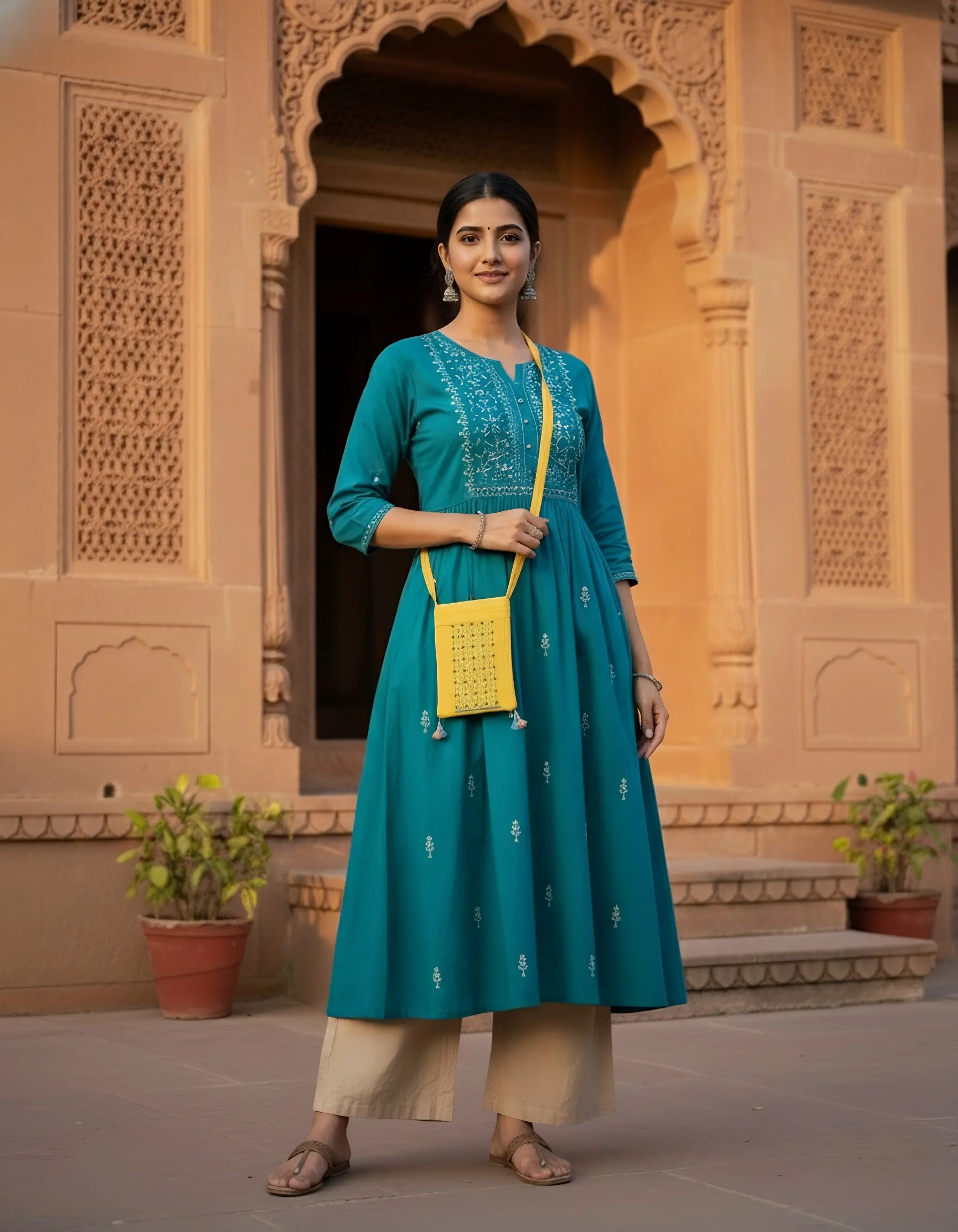 Woman in a teal traditional outfit with a yellow bag standing in front of an ornate archway.