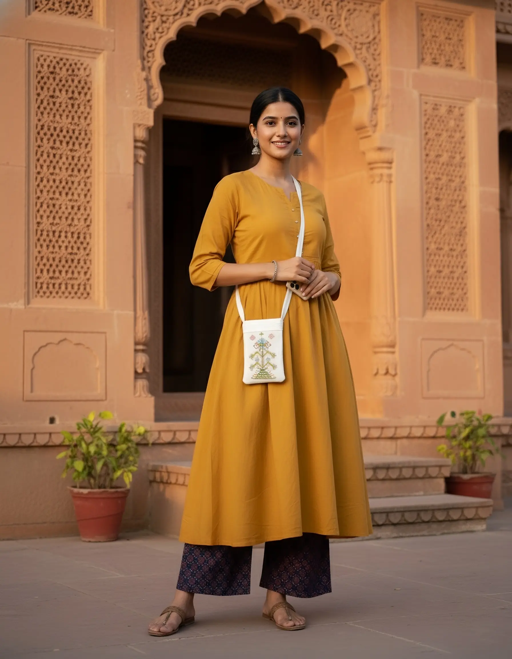 Woman in a mustard yellow dress with a yellow pouch sling