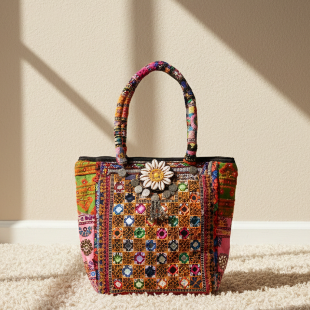 Colorful embroidered banjara tote with floral design on a beige background