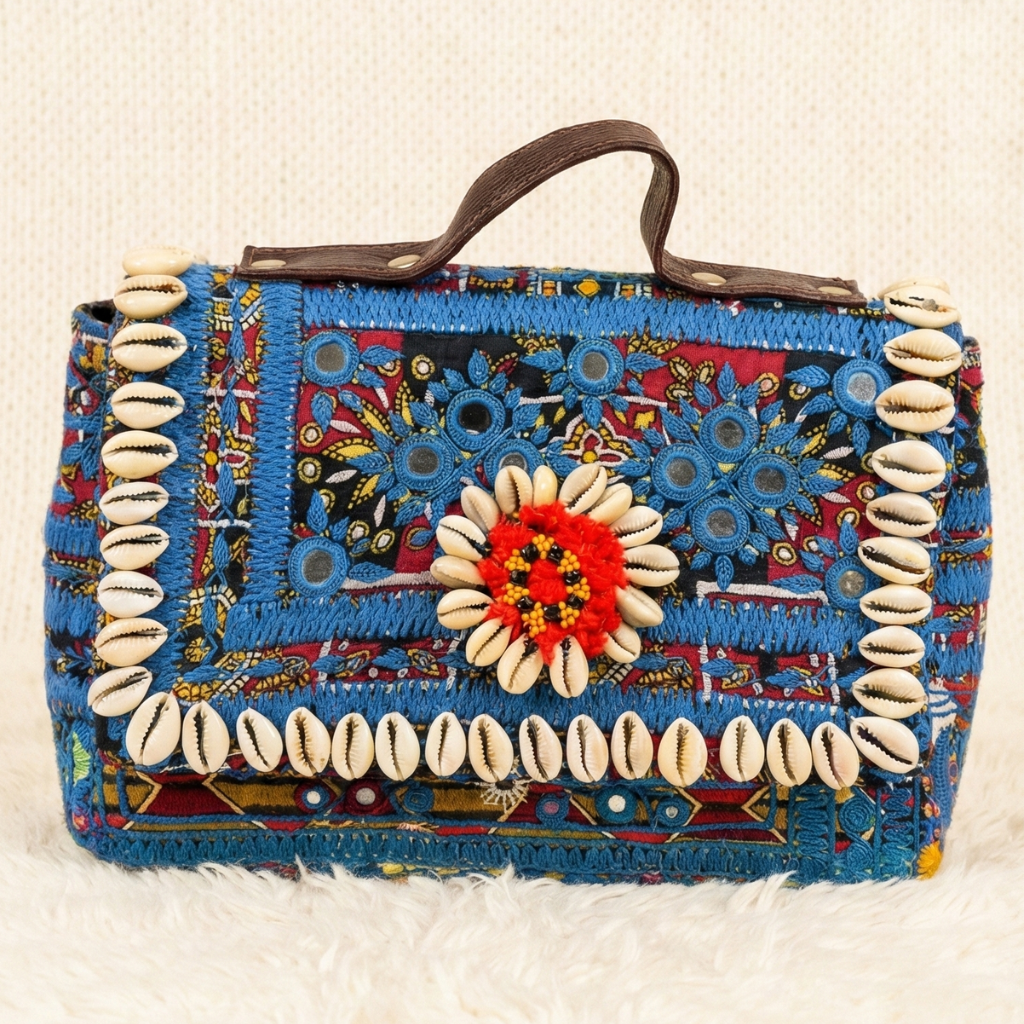 Colorful handbag with shell embellishments on a textured white background