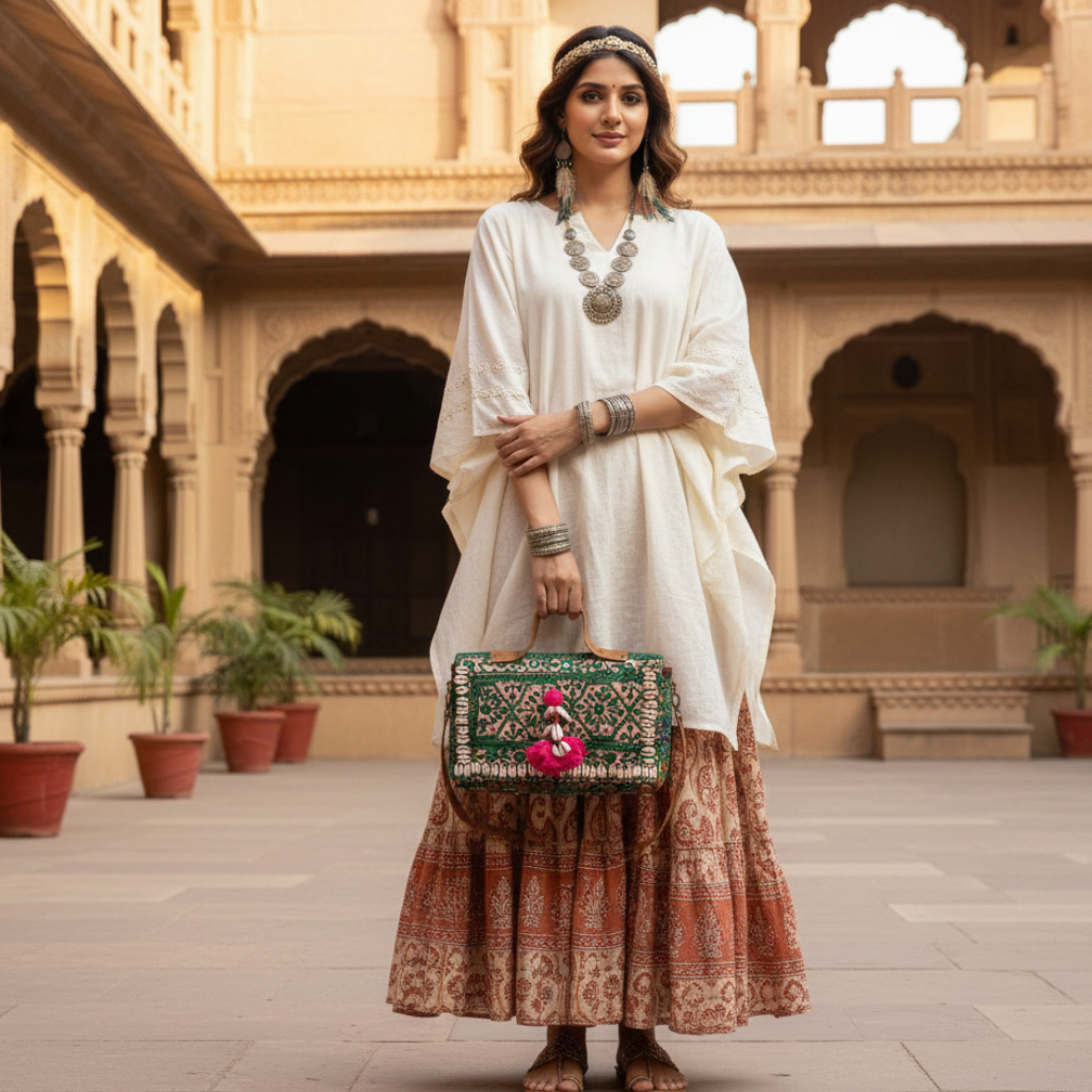 Woman in traditional outfit holding a patterned handbag in an architectural setting