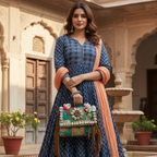Woman in traditional attire holding a colorful handbag in an architectural setting