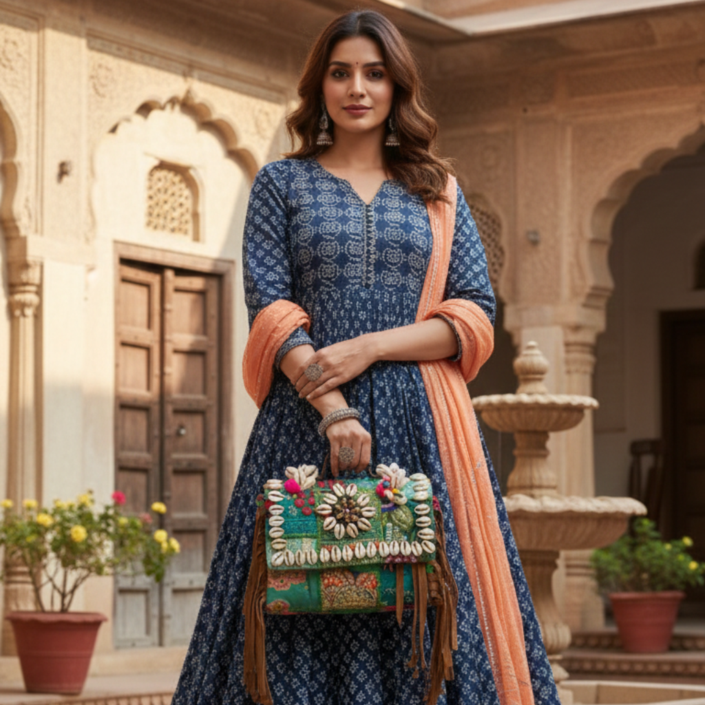 Woman in traditional attire holding a colorful handbag in an architectural setting