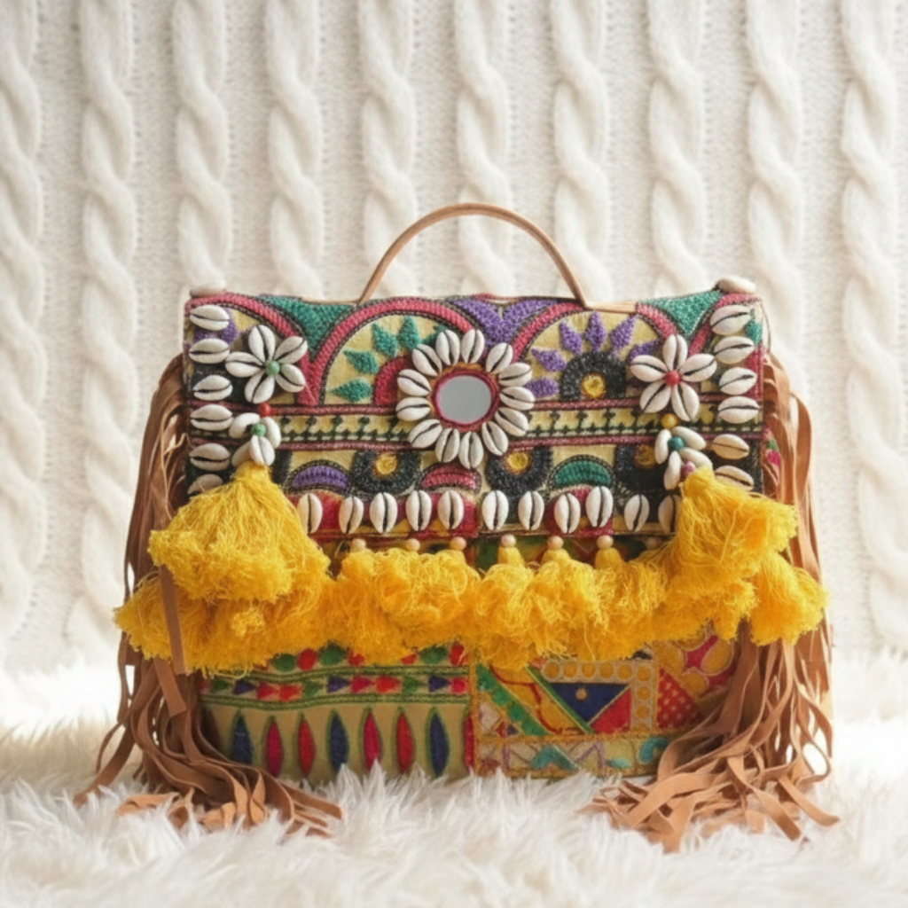 Colorful handbag with floral patterns and yellow tassels on a textured white background