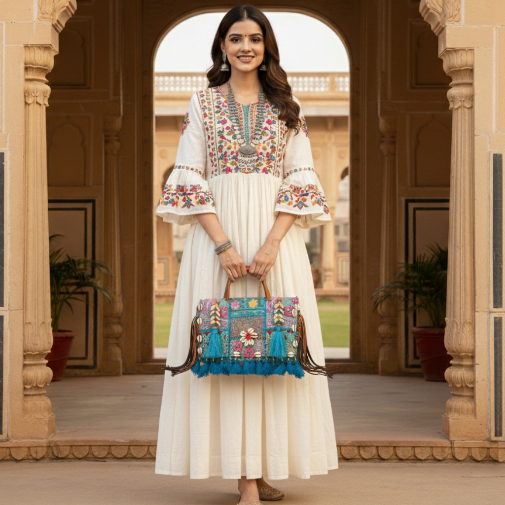 woman holding a blue codi banjara bag