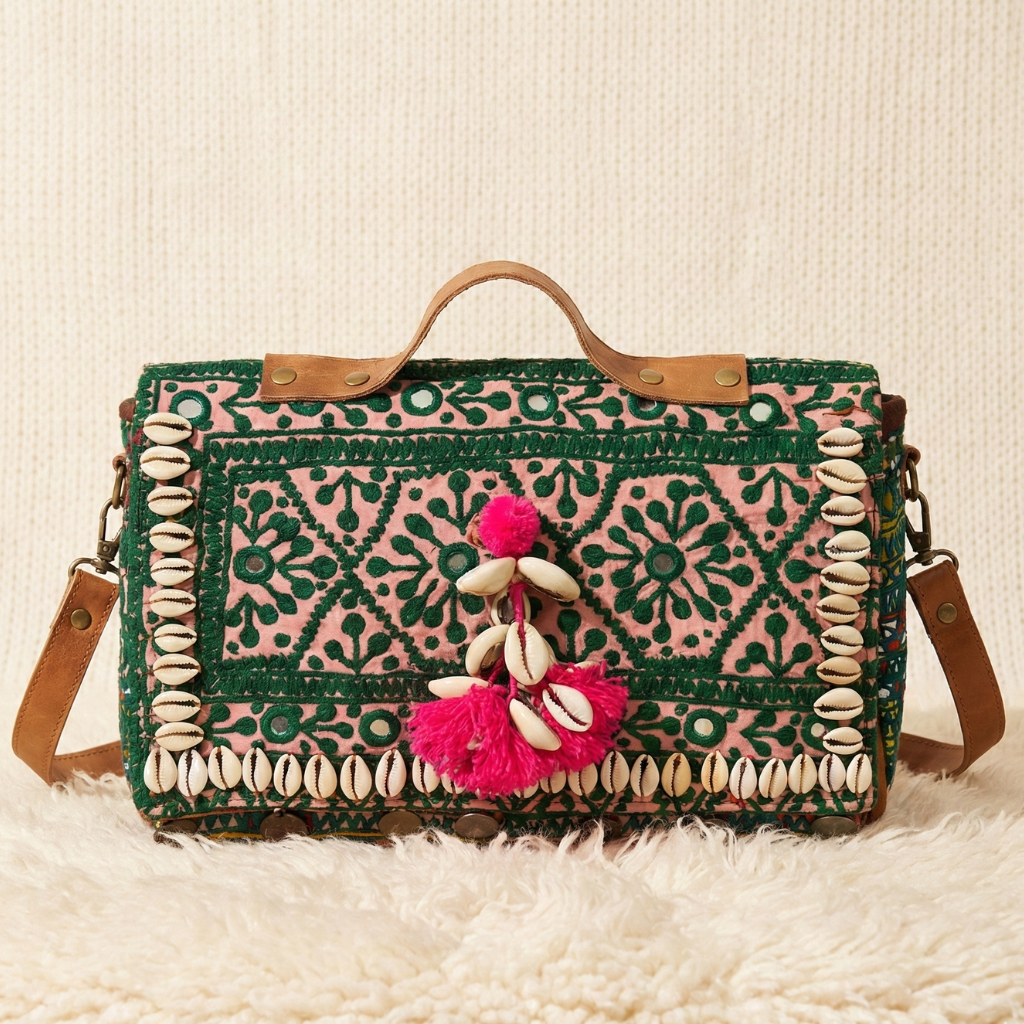 Decorative handbag with pink pom-poms and shell embellishments on a textured surface