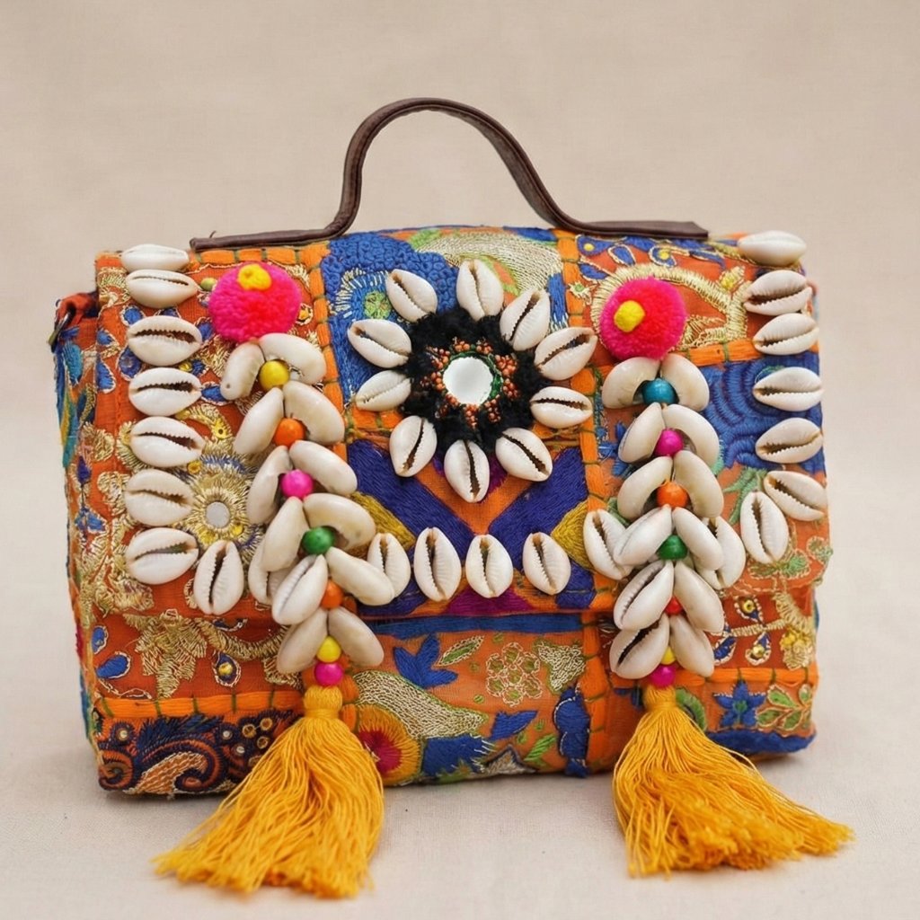 Colorful handbag with shell decorations and tassels on a beige background
